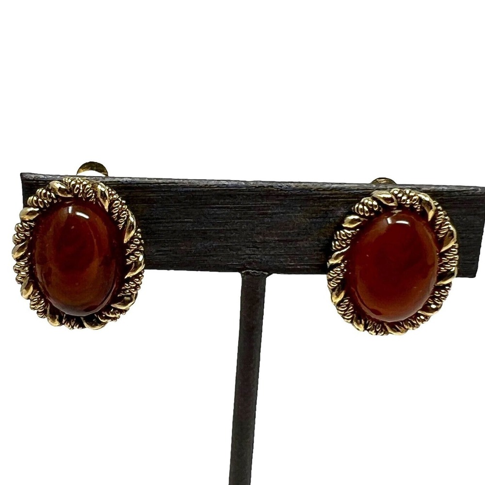 Vintage Clip On Earrings Orange Lucite Stone Gold Tone Braided Frame